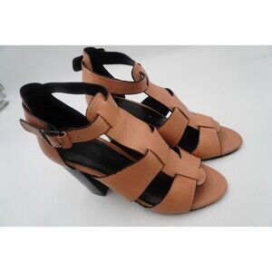 M4D3 Mara Tan Leather Strappy Open Toe Cage Block Heel Ankle Strap Sandals 9.5